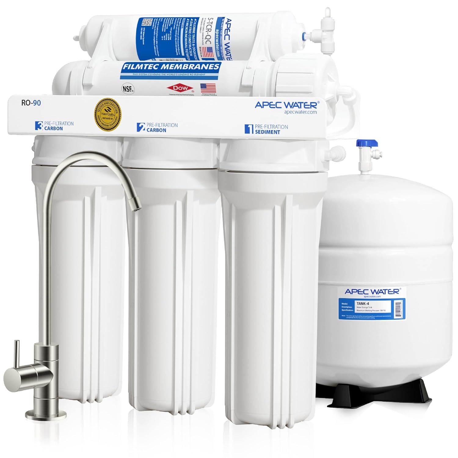 APEC Water Systems RO-90 Ultimate Series Top Tier Supreme Certified High Output 90 GPD Ultra Safe Reverse Osmosis Drinking Water Filter System