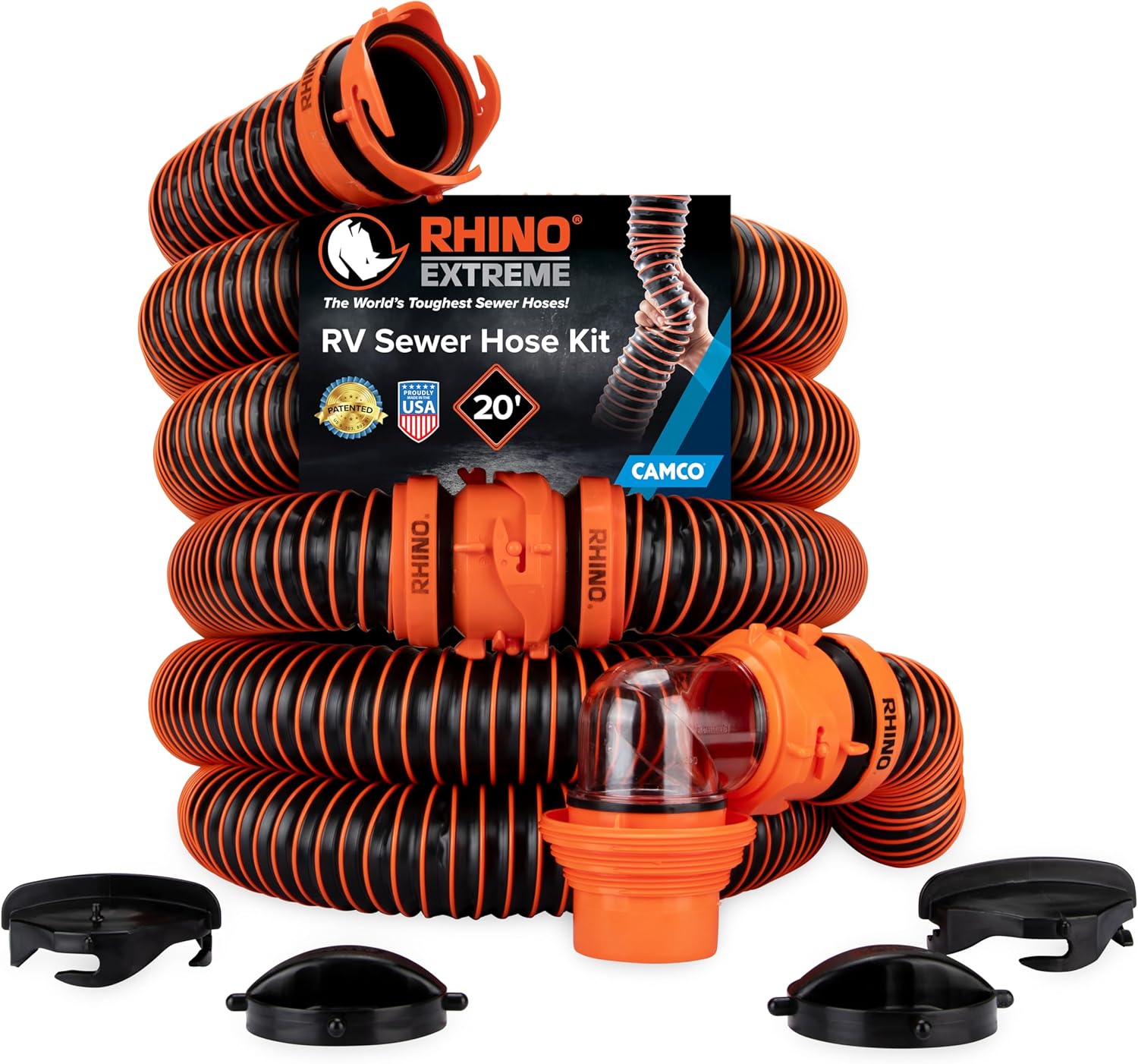 Camco RhinoEXTREME 20′ RV Sewer Hose Kit – Premium Sewer Kit — Pre-Assembled & Ready-to-Use — Includes 4-in-1 Dump Station Adapter & Storage Caps — Crush & Abrasion Resistant (21012)