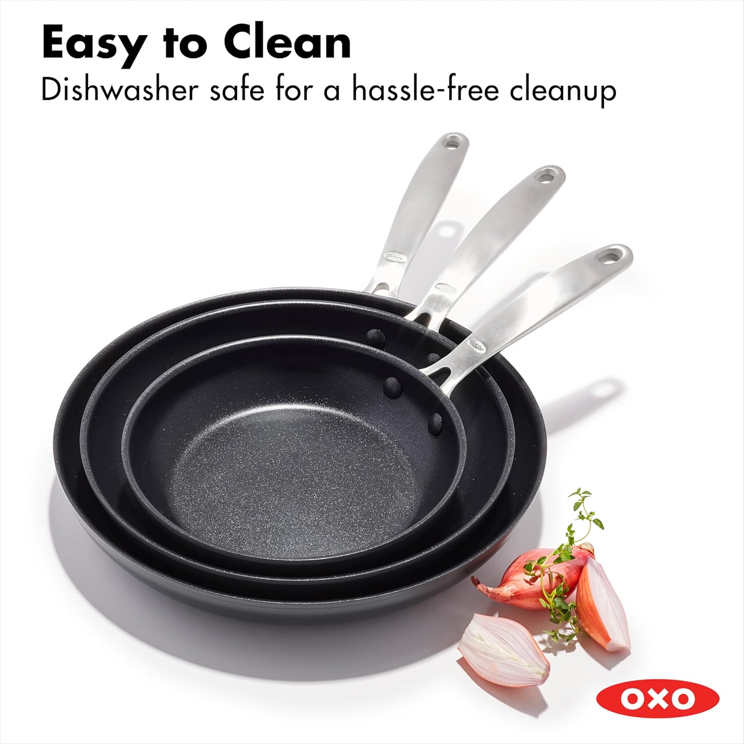 OXO CC005960-004 Enhanced, 8″ 10″ and 12″ 3 Piece Frying Pan Skillet Set, Healthy Ceramic Nonstick, Black - Image 3