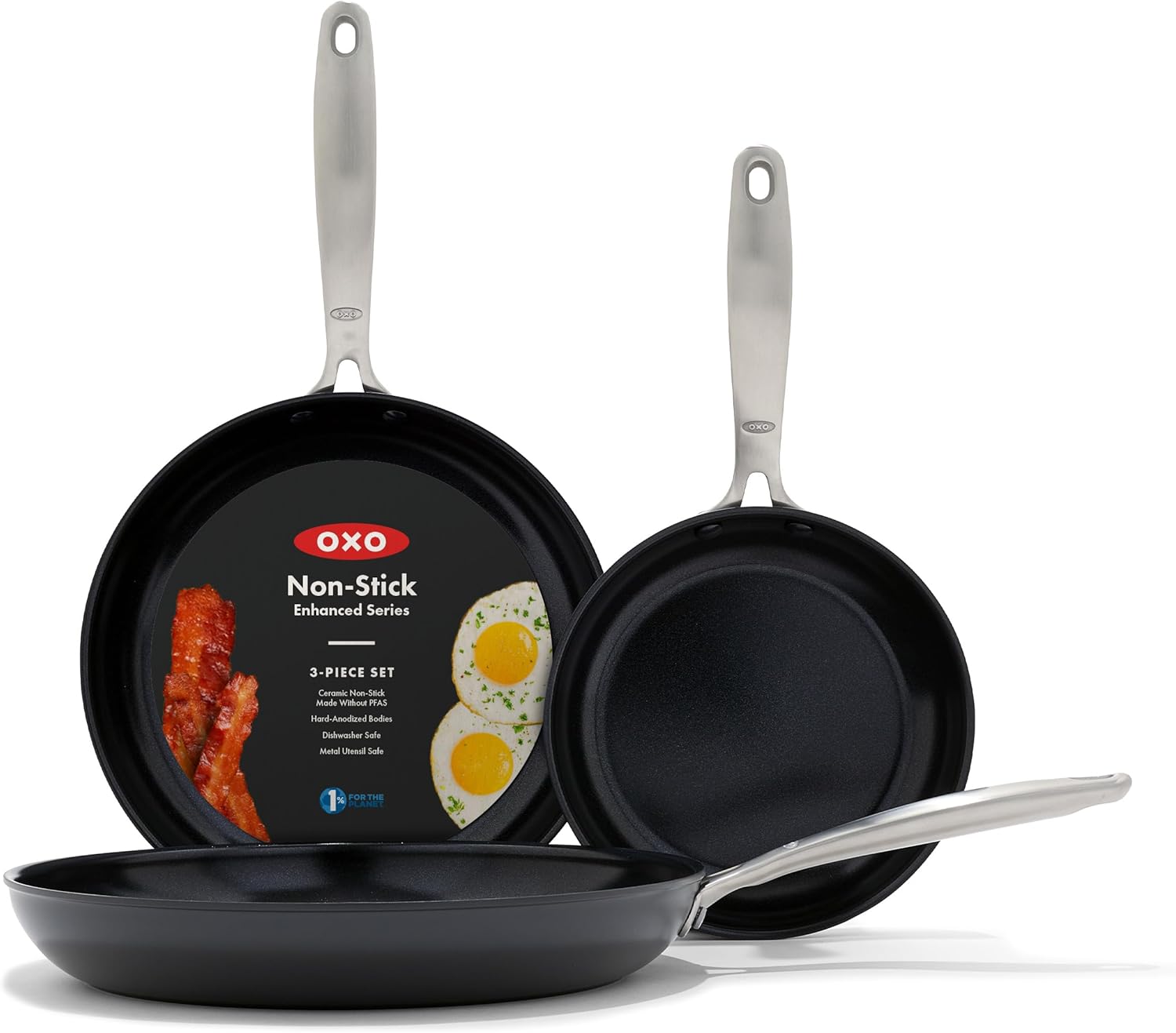 OXO CC005960-004 Enhanced, 8″ 10″ and 12″ 3 Piece Frying Pan Skillet Set, Healthy Ceramic Nonstick, Black