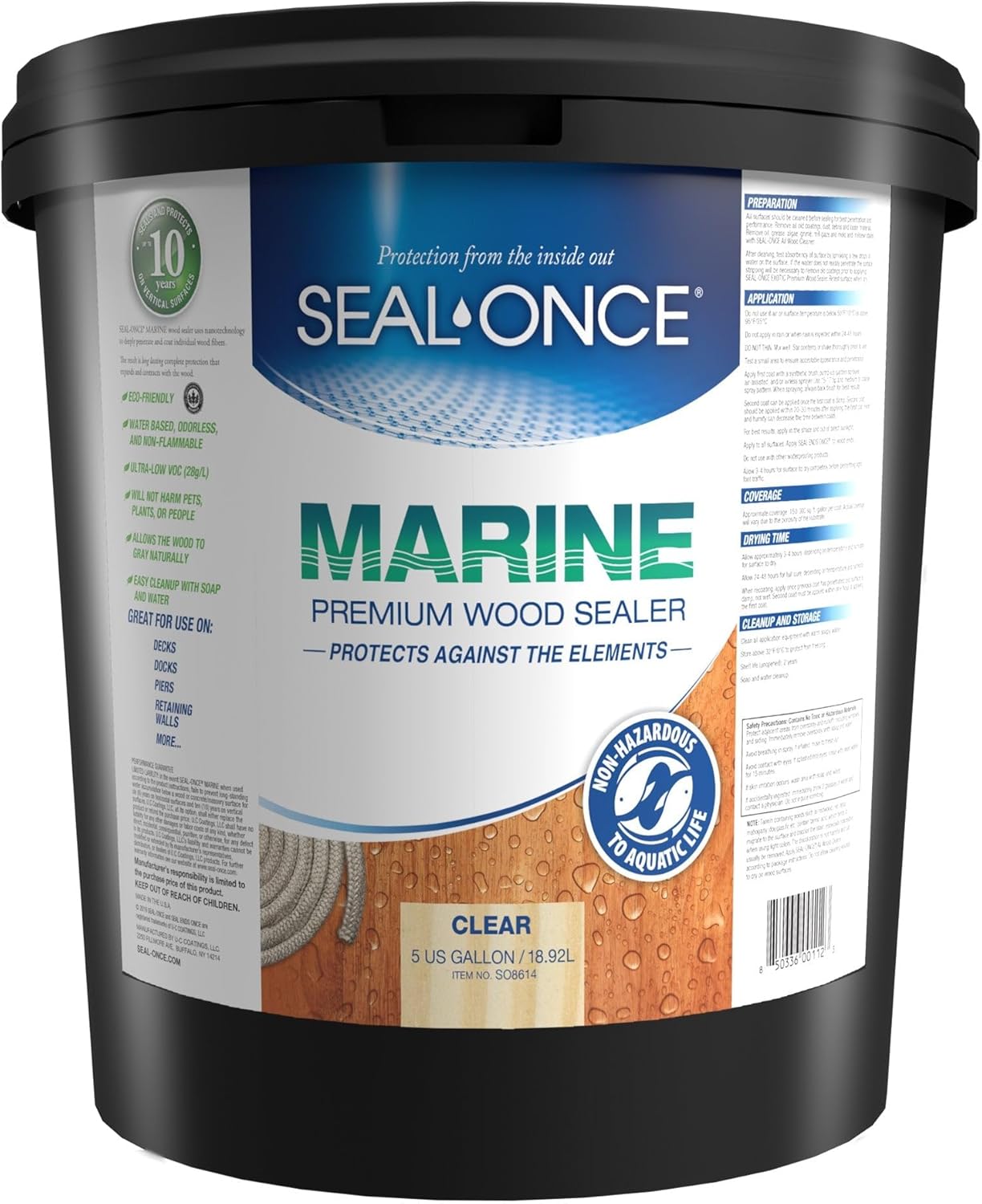 Seal-Once Marine Premium Wood Sealer – Waterproof Sealant – Wood Stain and Sealer in One – 5 Gallon & Clear