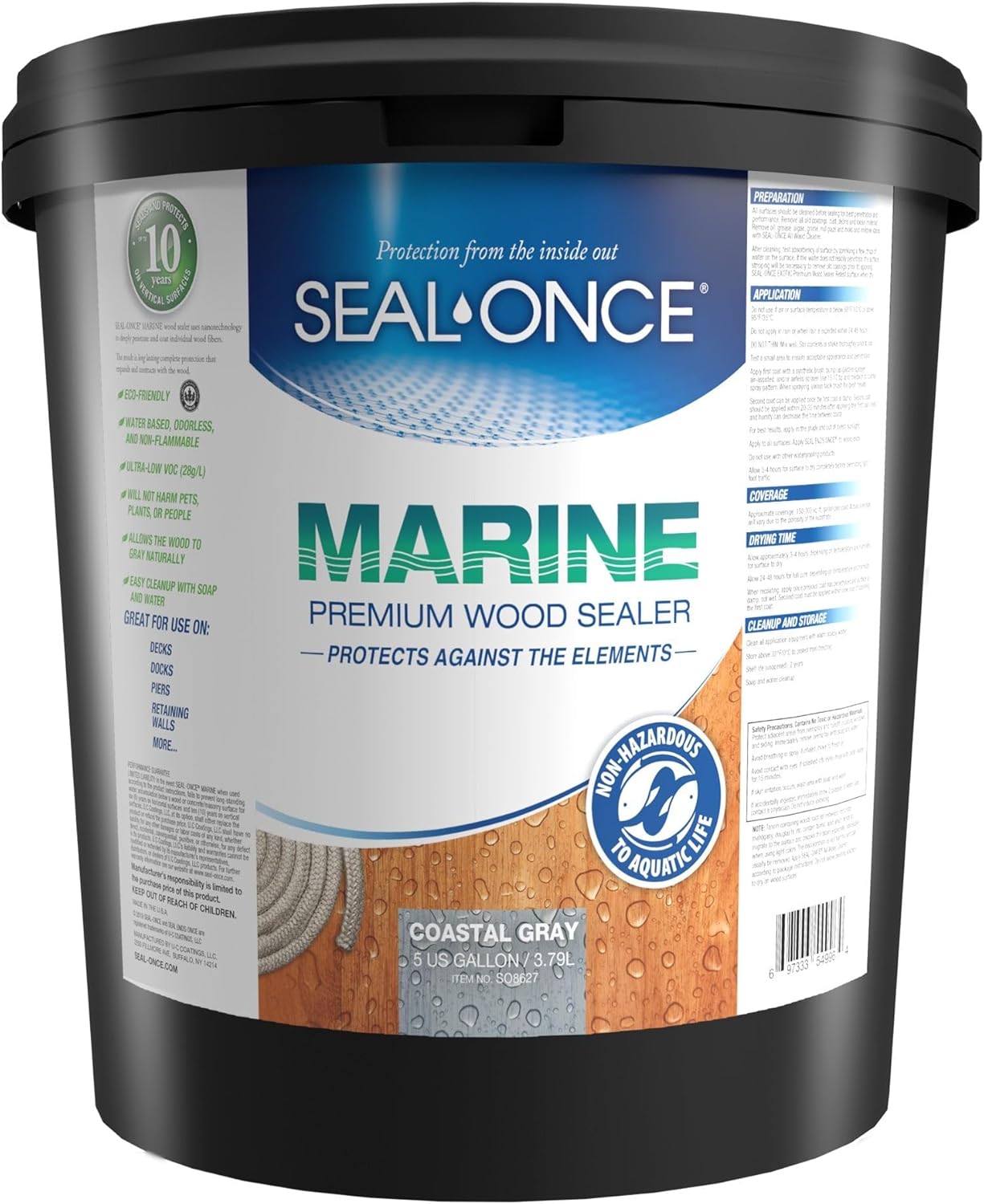 Seal-Once Marine Premium Wood Sealer – Waterproof Sealant – Wood Stain and Sealer in One – 5 Gallon & Coastal Gray
