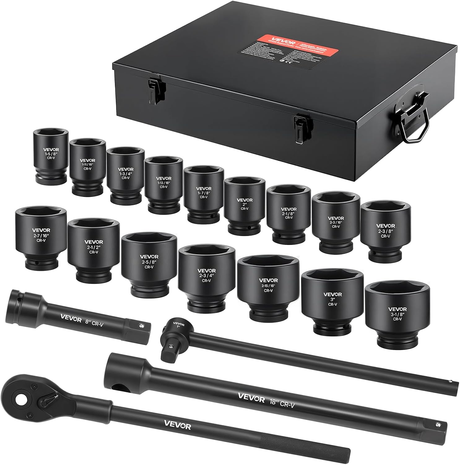 VEVOR TZ1021 1 in Drive Impact Socket Set, 21 Piece, 6 Point Shallow Impact Sockets, SAE (1-5/8 in to 3-1/8 in)