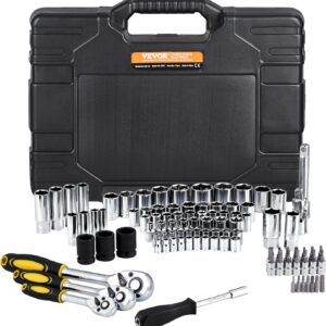 VEVOR ‎MTS-121 121-Piece Mechanics Tool Set – 1/4″ 3/8″ 1/2″ Drive Sockets – SAE and Metric Mechanic Tool Kit with Bits