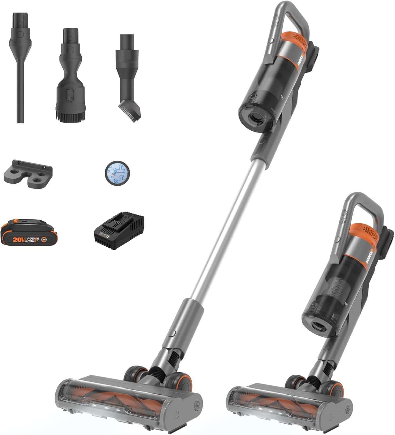 WORX WX038L.1 20V Cordless Stick Vacuum , Powerful Cordless Vacuum Cleaner 25Kpa High Suction for Pet Hair