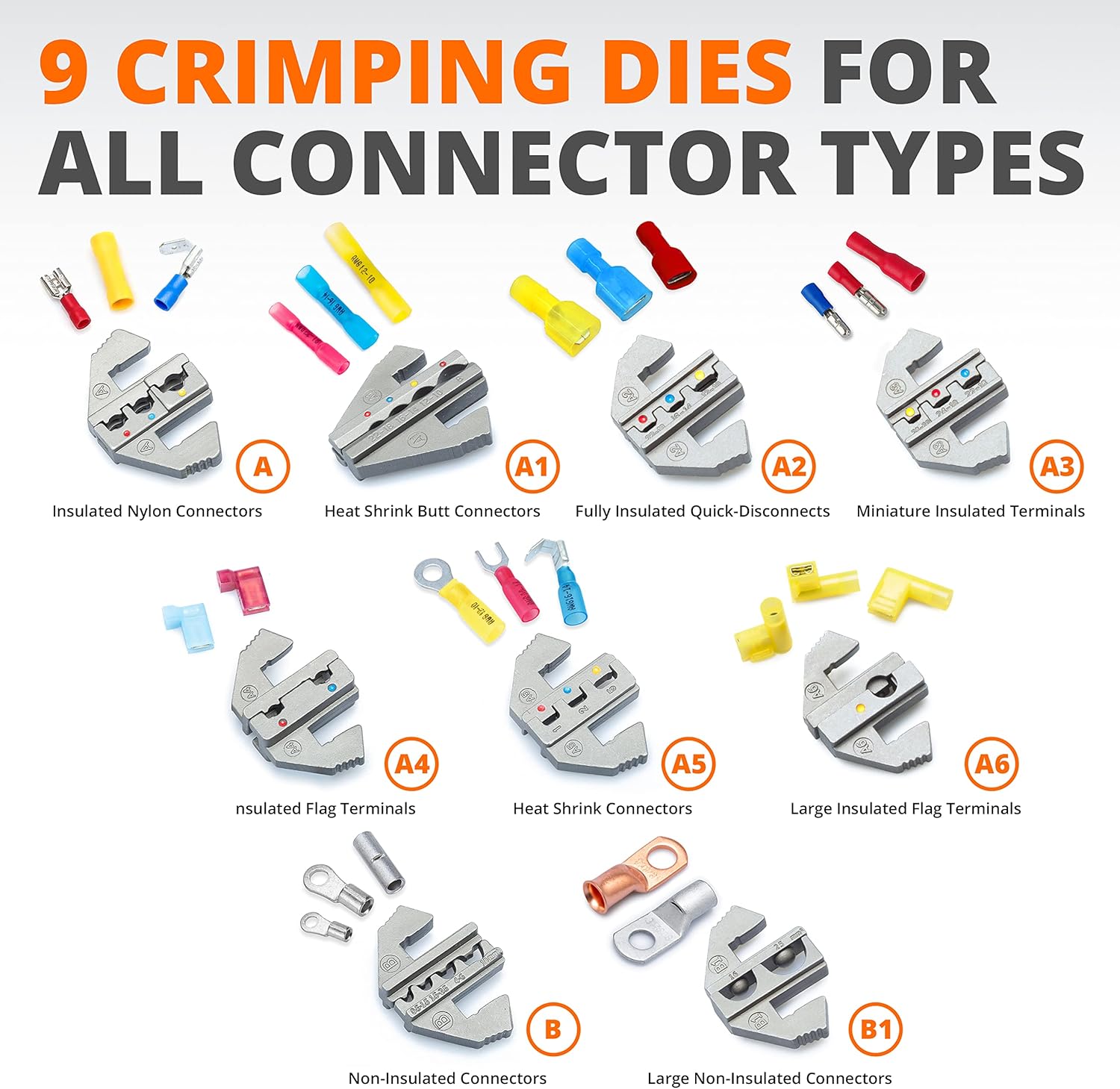 Wirefy Crimping Tool Set 11 PCS – High Leverage Wire Crimper 9″ – Heat Shrink, Nylon, Insulated Flag, Non-Insulated Connectors - Image 2