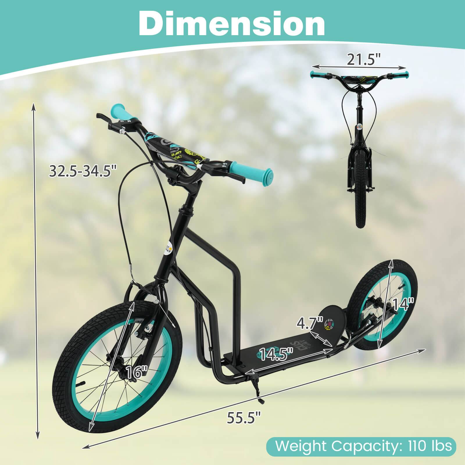Costway - Youth Scooter with Adjustable Handlebar 16-Inch & 14-Inch Inflatable Wheels - Black - Image 3