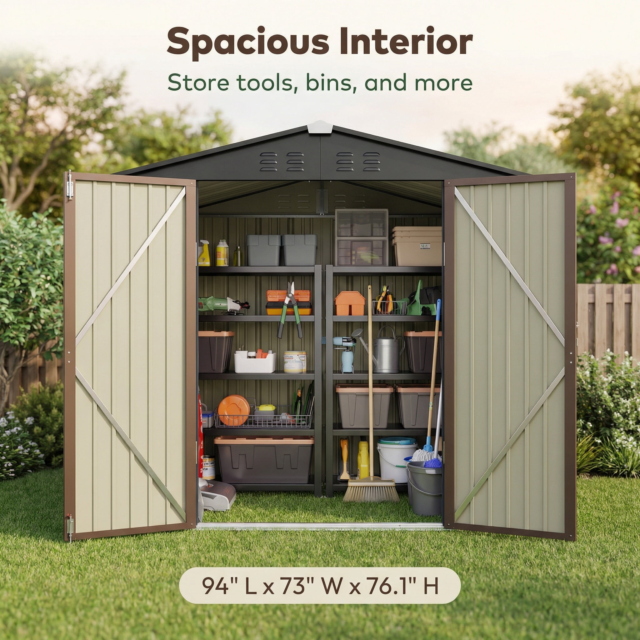 Lockable Lofka 8x6 FT Shed and Outdoor Storage Clearance - All-Weather Resistant Metal Shed, Brown - Image 7
