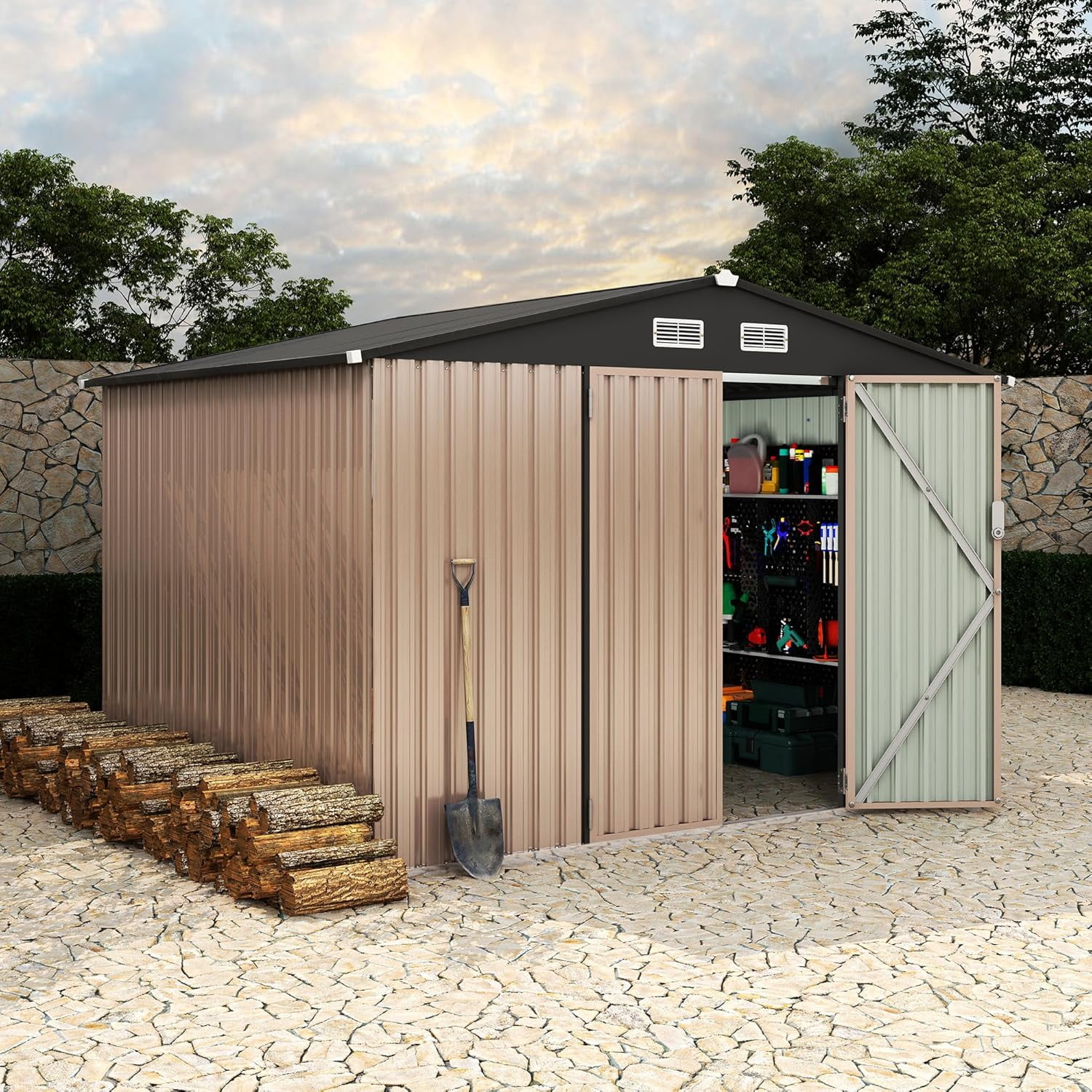 12x10 FT Outdoor Storage Shed,Metal Yard Sheds with Lockable Door&Doors Vents for Backyard Patio Lawn