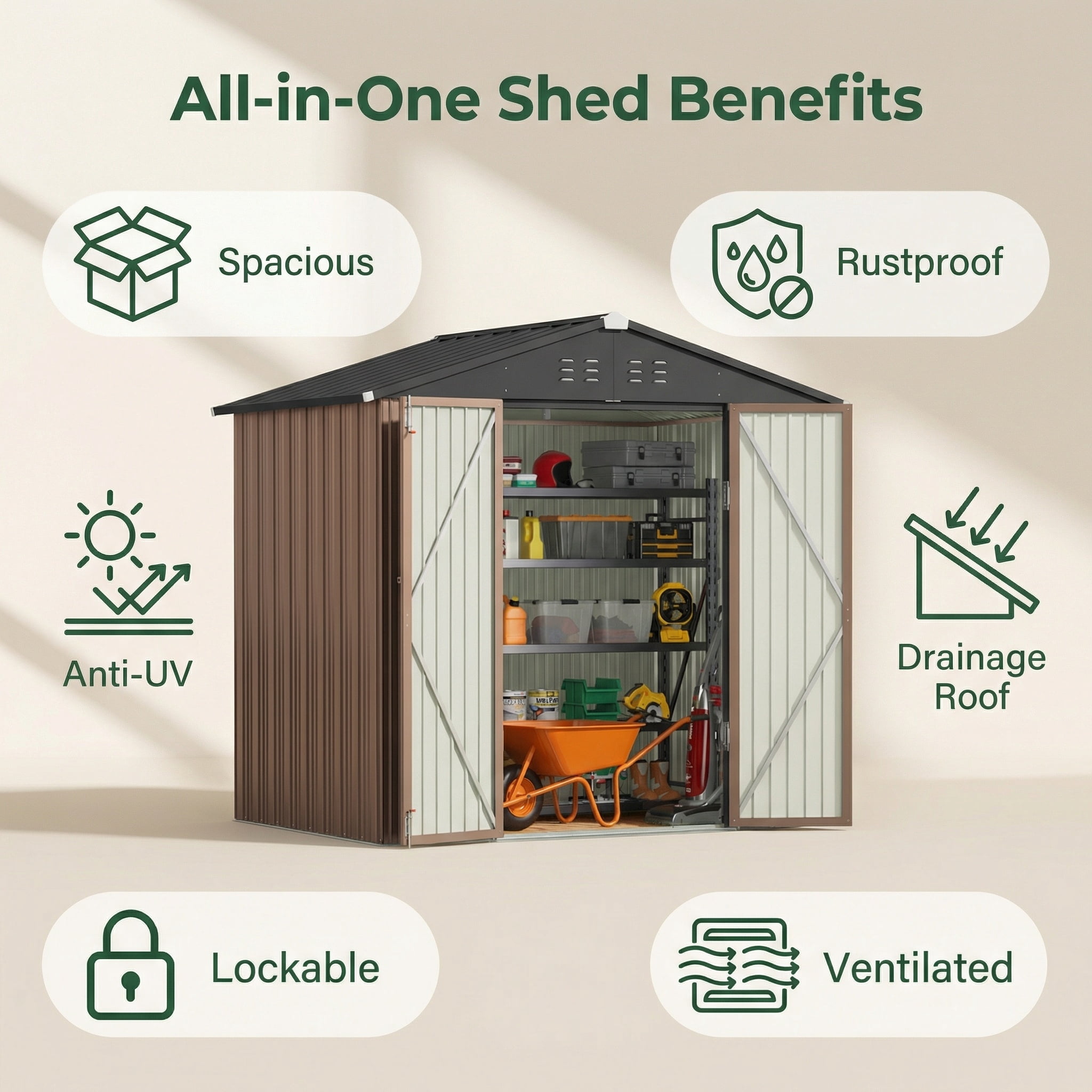 Lockable Lofka 8x6 FT Shed and Outdoor Storage Clearance - All-Weather Resistant Metal Shed, Brown - Image 5