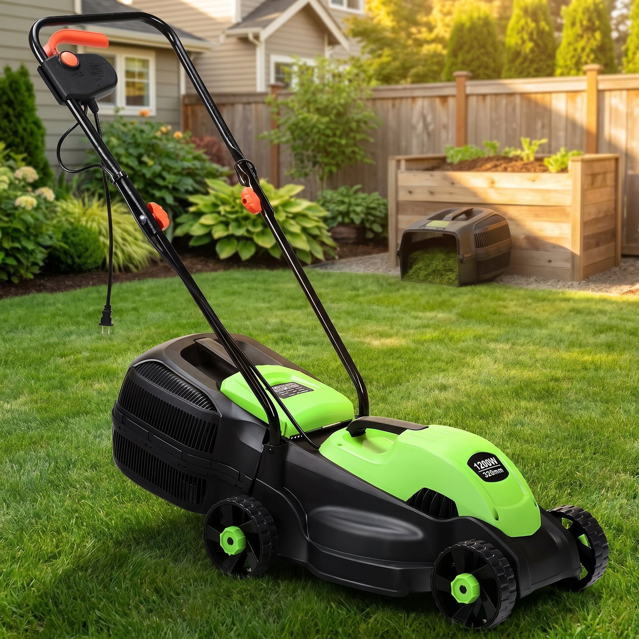 Kadyn 14 Inch 12 Amp Electric Push Corded Lawn Mower with 30L Grass Bag, 3 Adjustable Cutting Heights, Foldable Handle, One-Touch Start, Green - Image 4