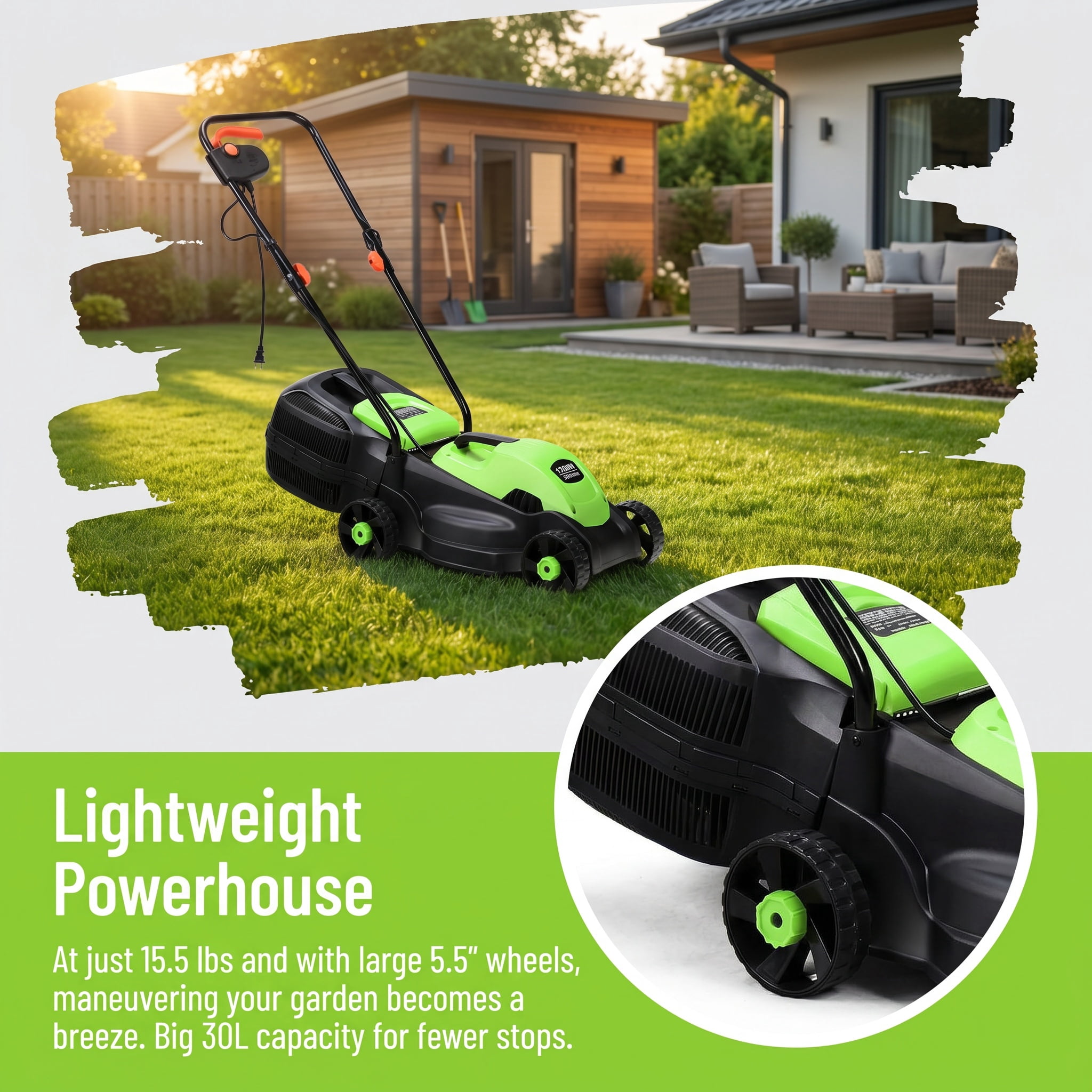 Kadyn 14 Inch 12 Amp Electric Push Corded Lawn Mower with 30L Grass Bag, 3 Adjustable Cutting Heights, Foldable Handle, One-Touch Start, Green - Image 6