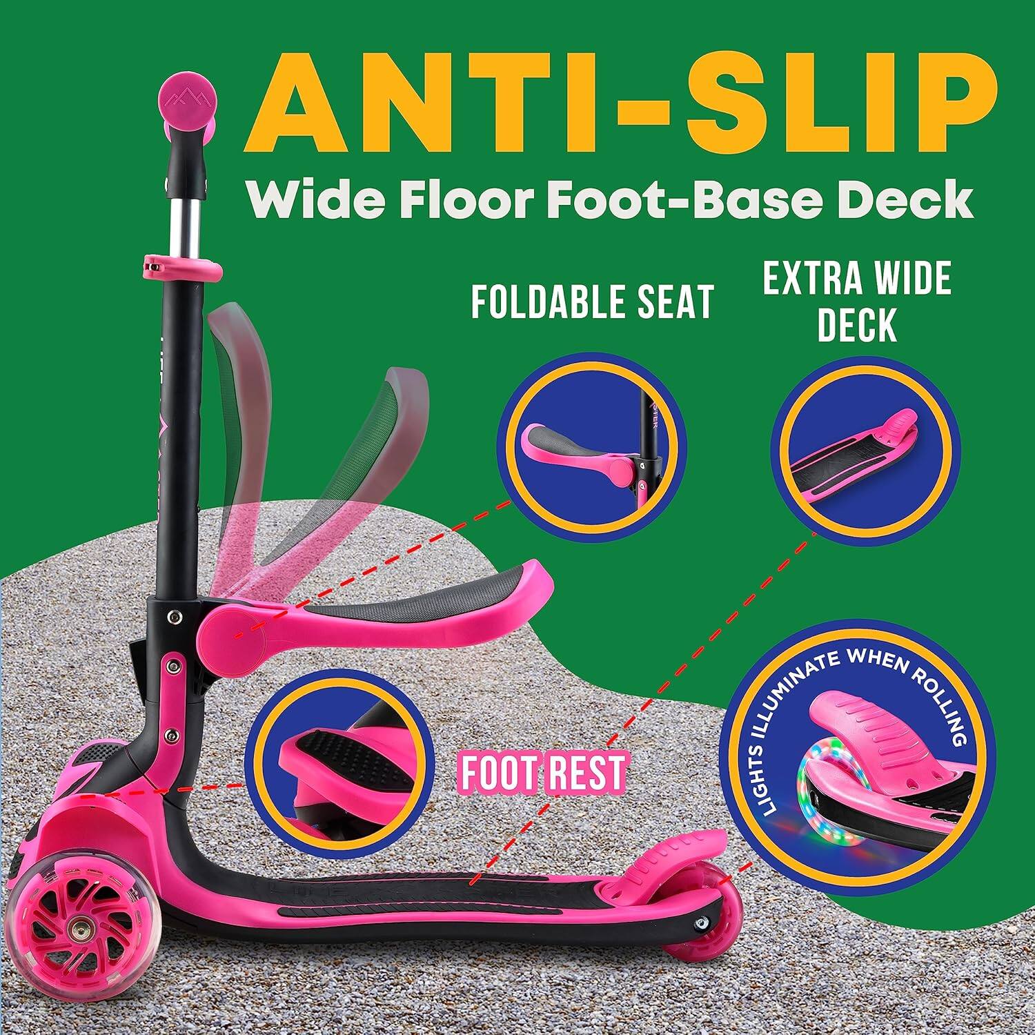Lifemaster - 3-Wheel Kids Scooter with Foldable Seat and LED Wheels - Pink - Image 4