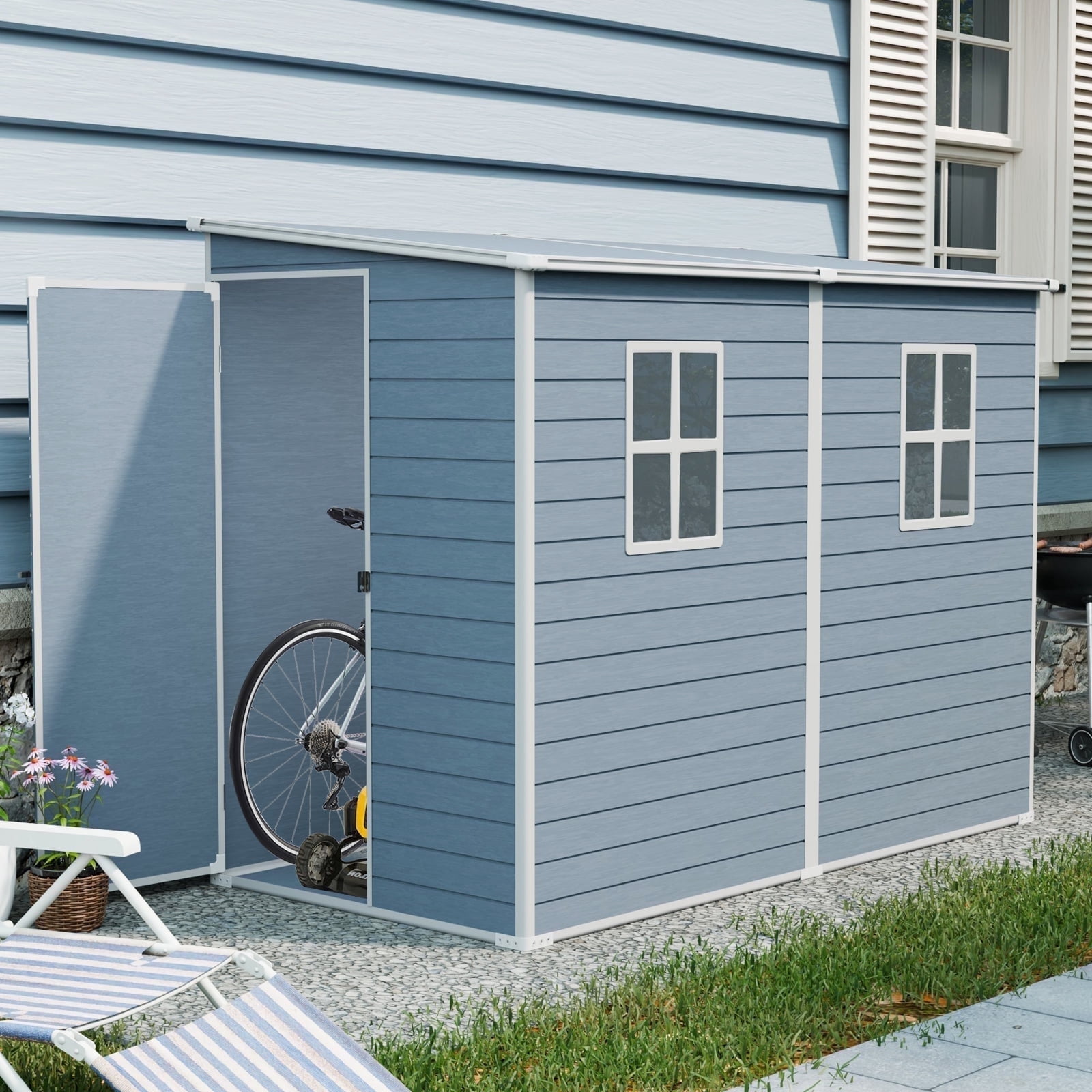 IMagacFun 4x8 Resin Outdoor Storage Shed Waterproof Tool Shed Heavy Duty Plastic Shed with Floor and Window for Garden Patio Backyard Gray