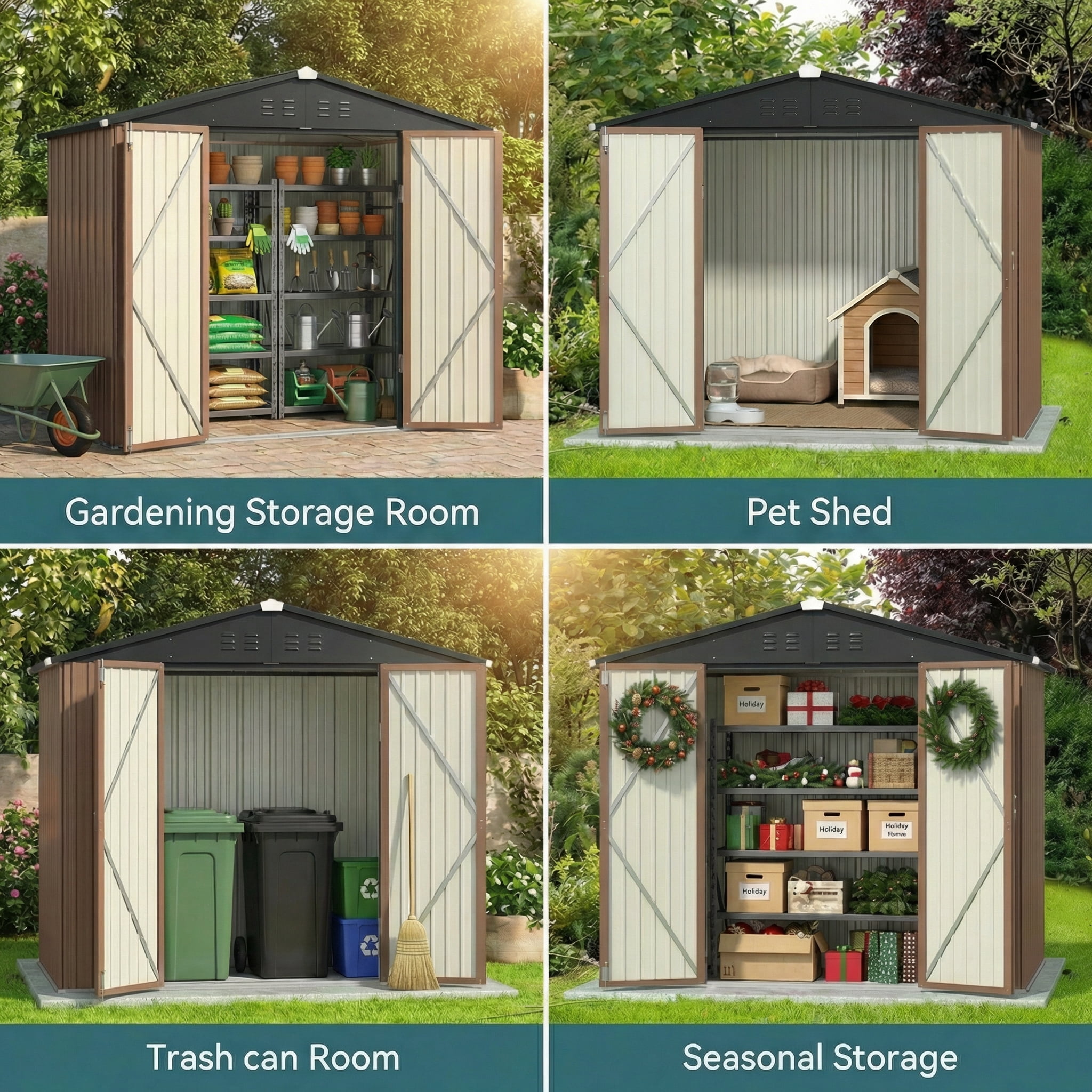 Lockable Lofka 8x6 FT Shed and Outdoor Storage Clearance - All-Weather Resistant Metal Shed, Brown - Image 6