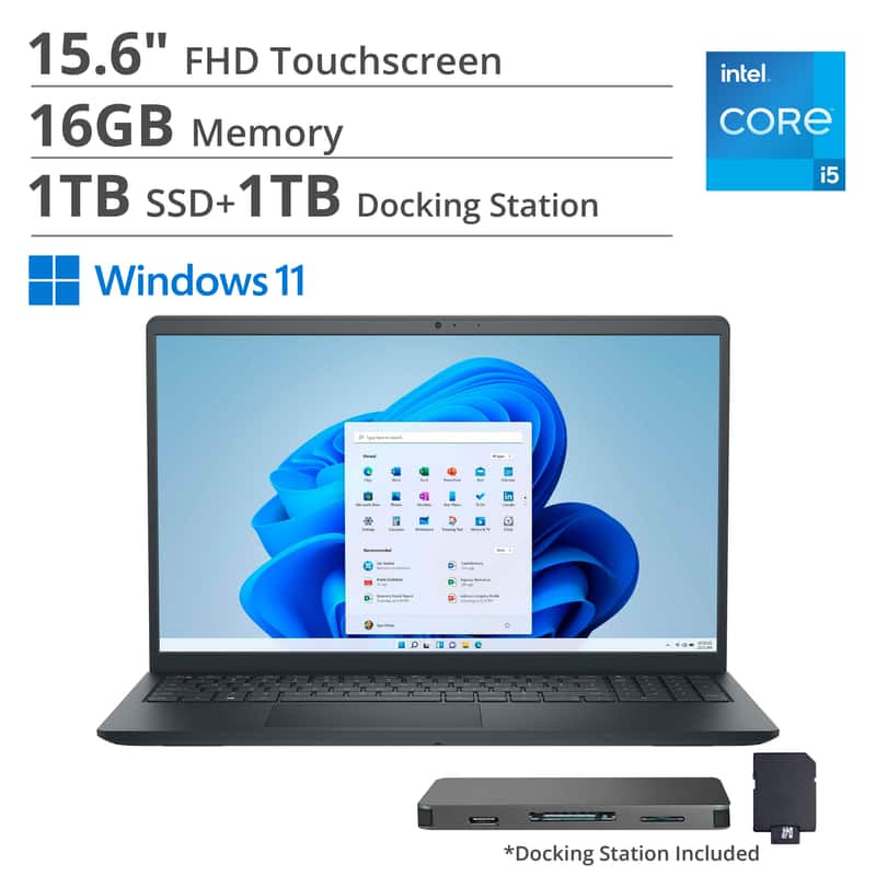 Dell - 15.6" 2K Touch Laptop,Intel i5 1334U,16GB RAM,1TB SSD+1TB Dock Set,Intel UHD GPU,Numeric Pad,Win 11 - Black