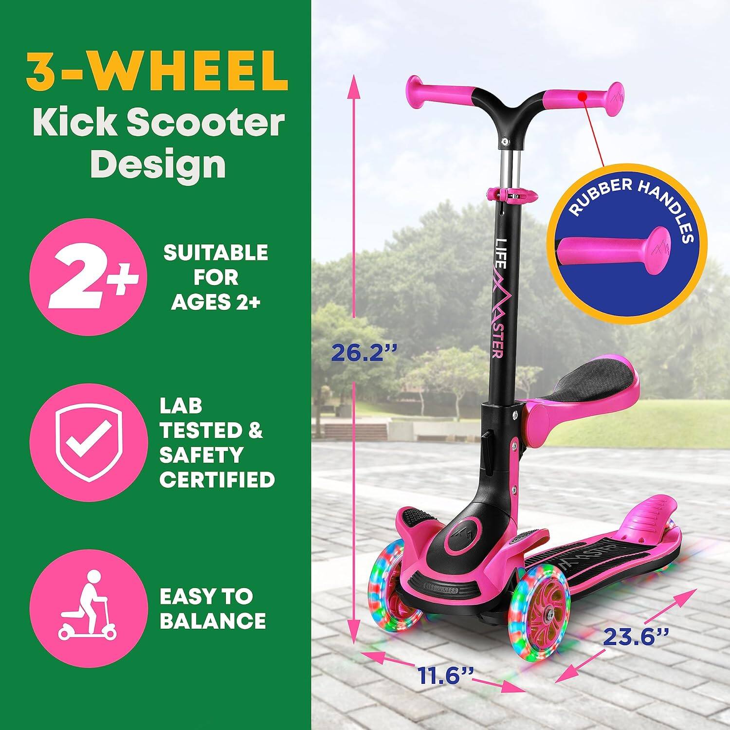 Lifemaster - 3-Wheel Kids Scooter with Foldable Seat and LED Wheels - Pink - Image 5