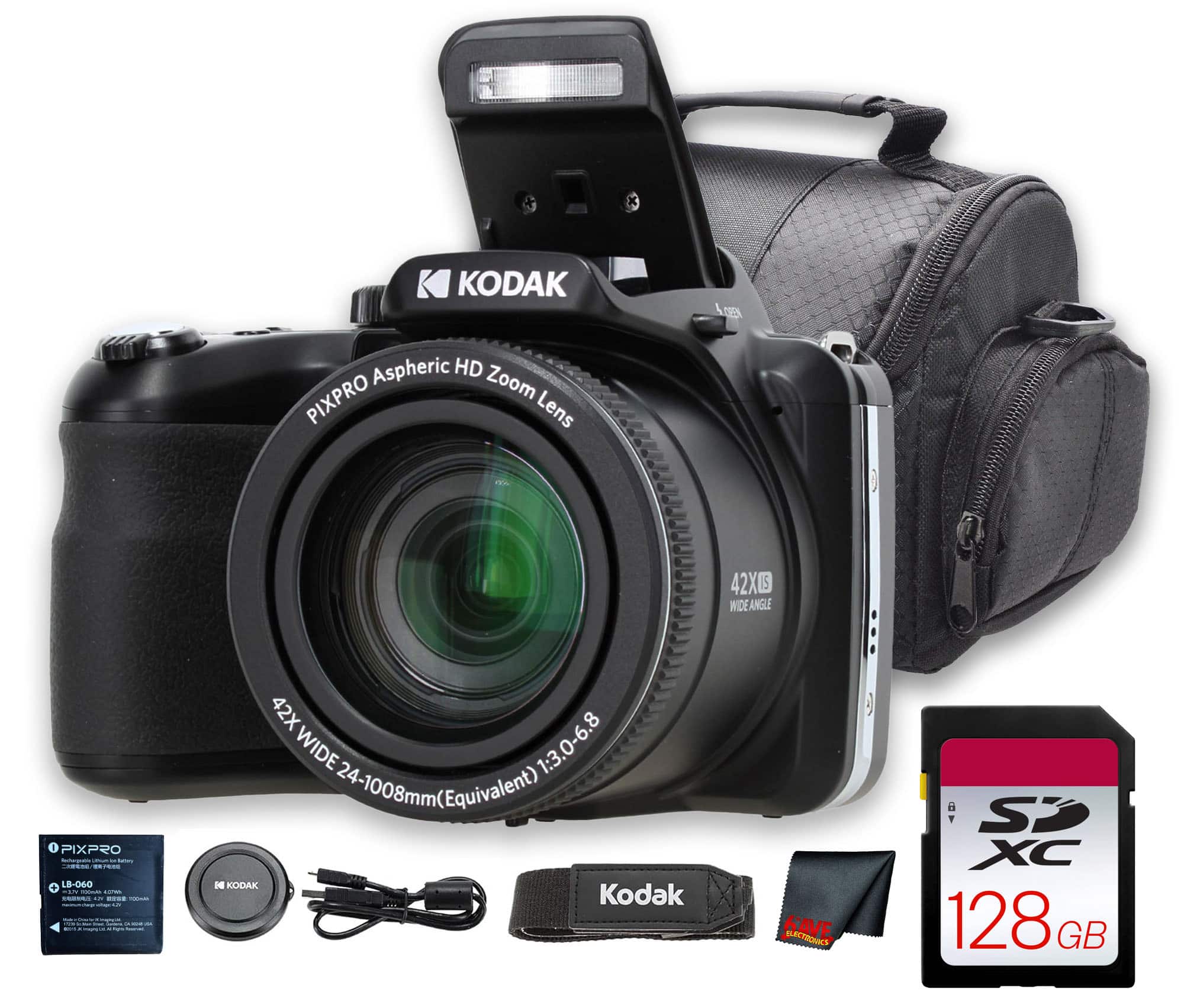 Kodak - PIXPRO AZ425 Digital Camera (Black) (AZ425BK) + 128GB Card + Bag + Cloth