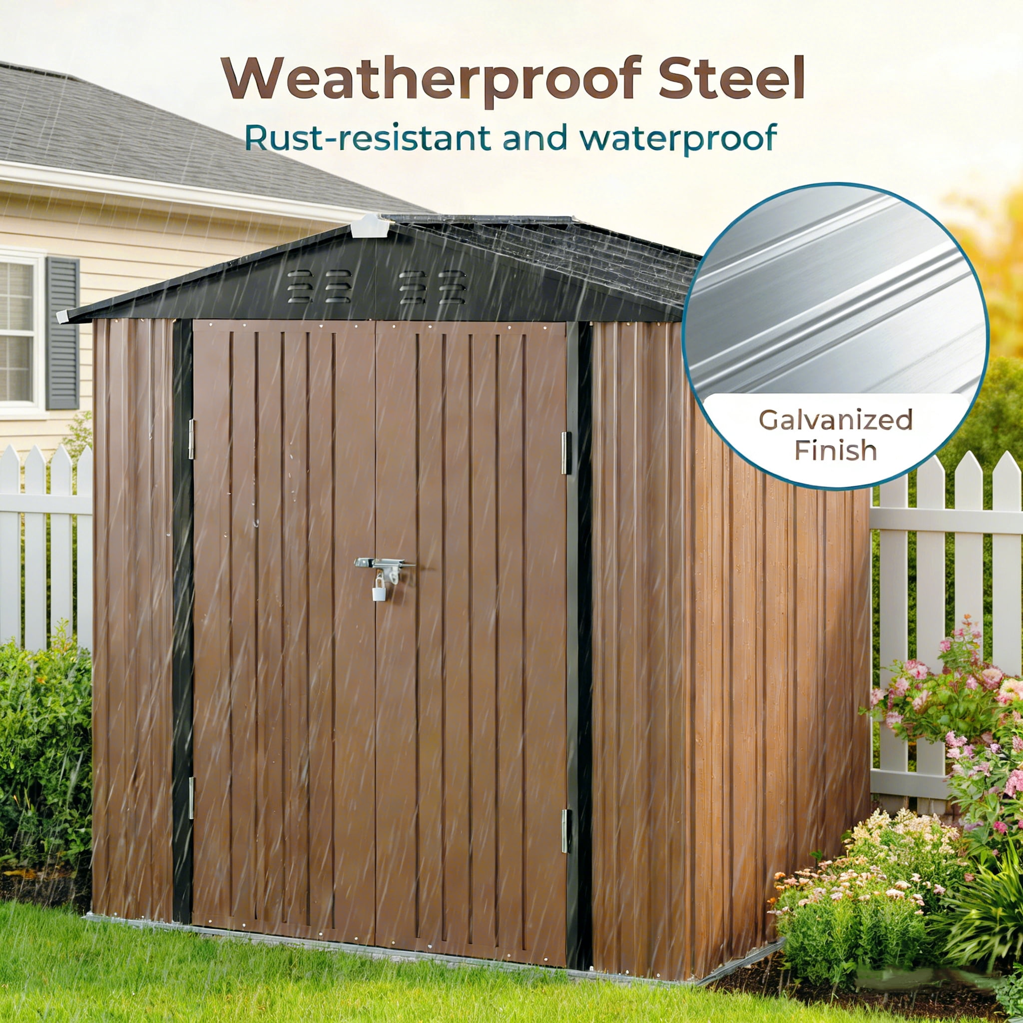 Lockable Lofka 8x6 FT Shed and Outdoor Storage Clearance - All-Weather Resistant Metal Shed, Brown - Image 4