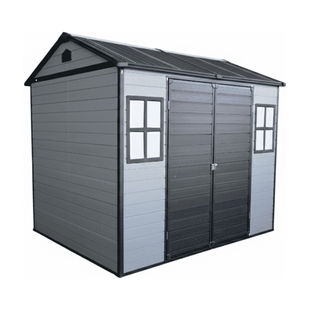 8x6 FT Resin Storage Shed with Floor, 2 Windows & Lockable Door, Grey+Black Outdoor Shed for Garden Tools
