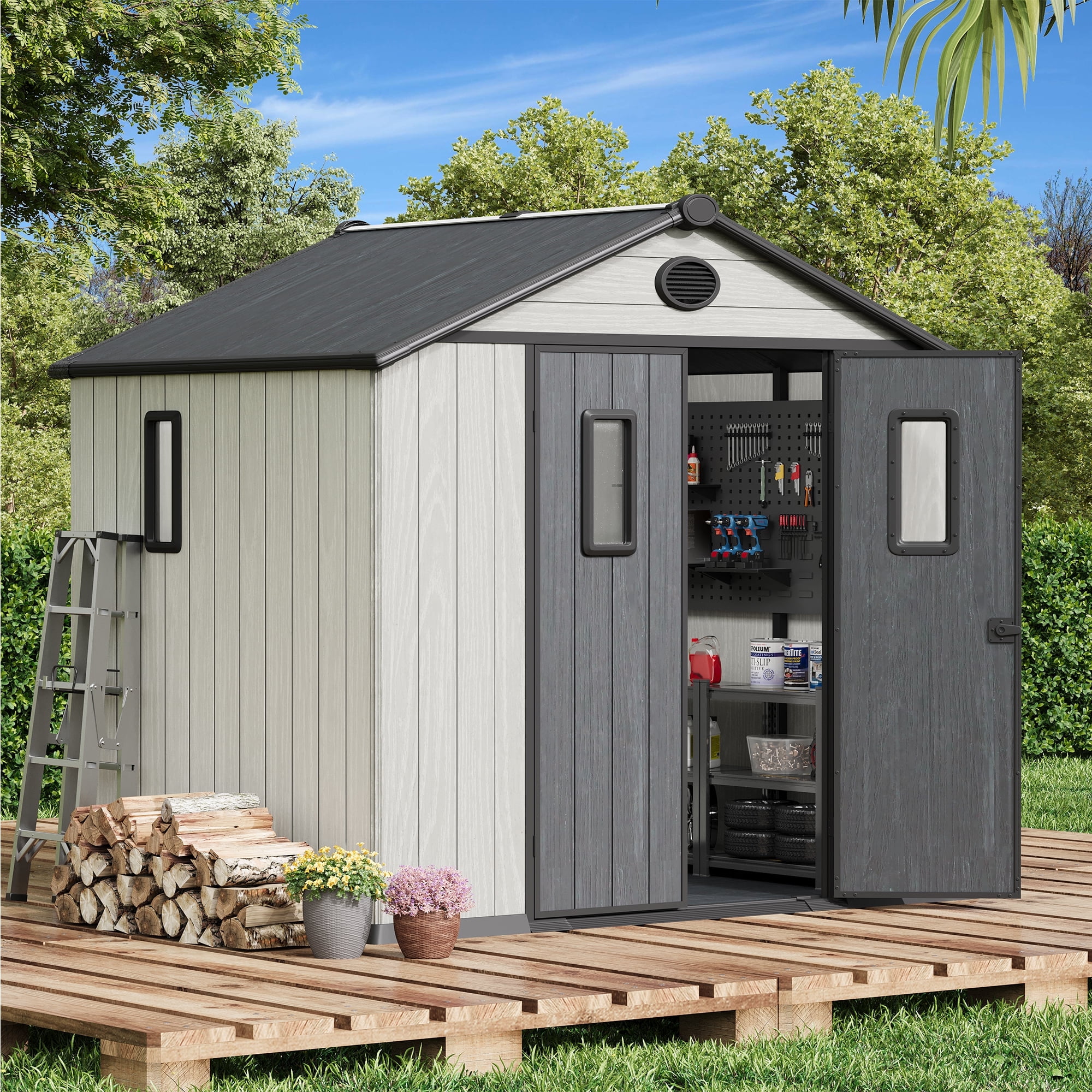 Bezseller 8*6 Outdoor Storage Tool Shed with Door and Floor, Plastic Outdoor Storage Shed with Steel Frame, Off-white