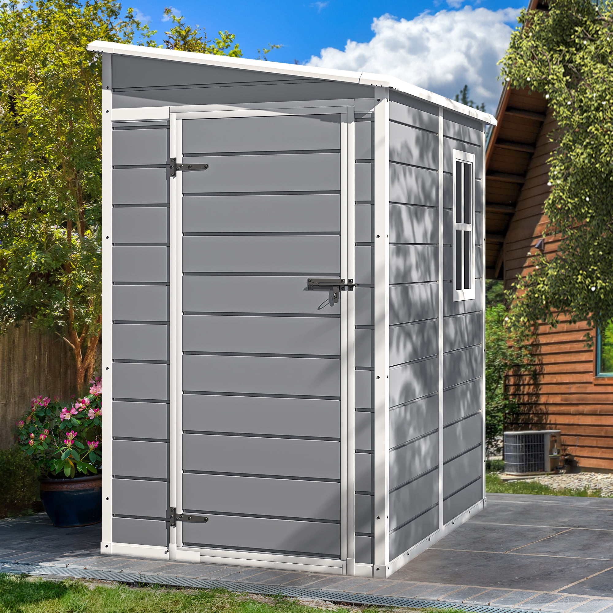 Dextrus 5x4 FT Resin Outdoor Storage Shed with Floor, Resin Large Storage Shed with Lockable Door & Window, Waterproof