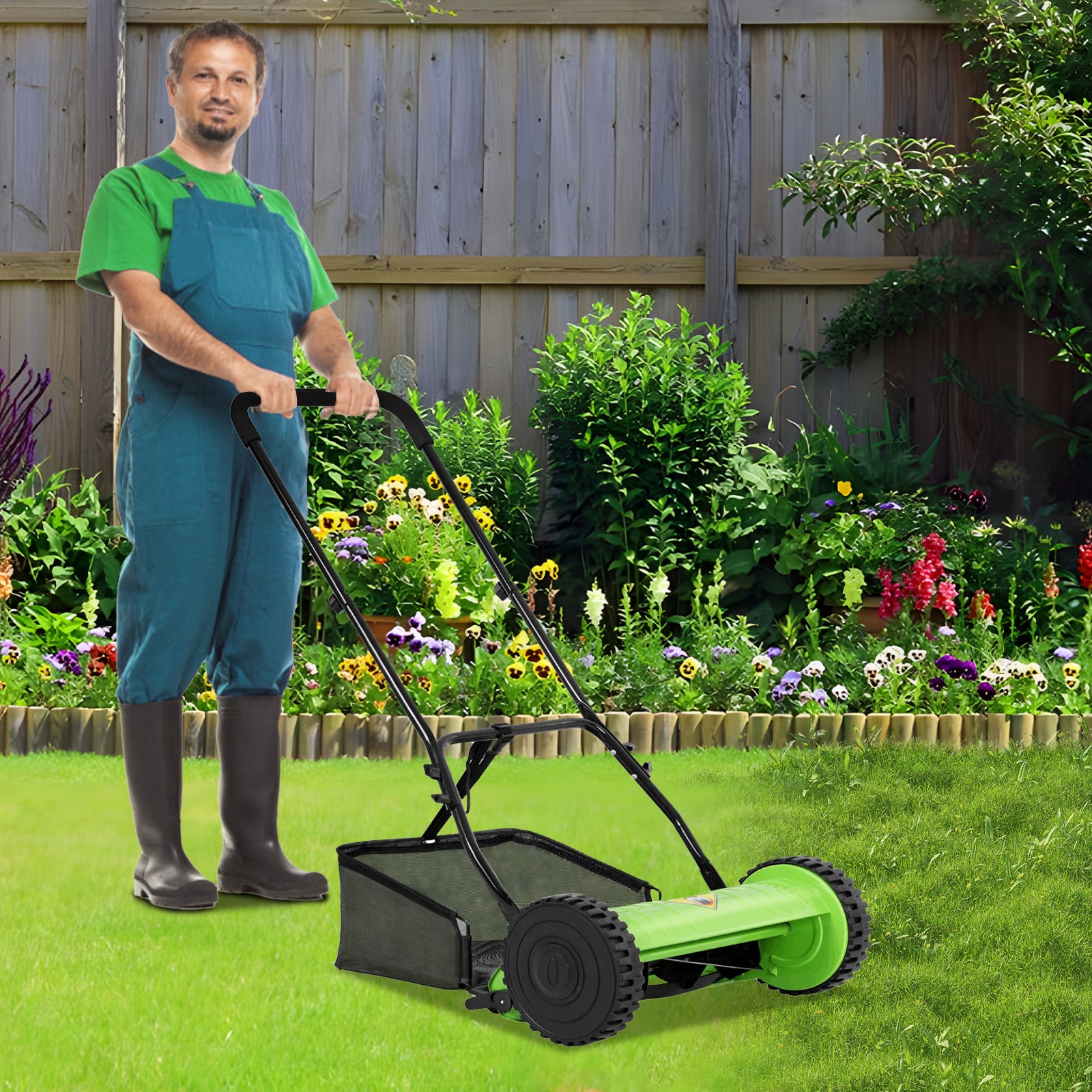 Dkelincs 15 inch Push Lawn Mower Adjustable Cutting Height Lawn Mower 2 Wheels Push Reel Mower with Grass Catcher, Green
