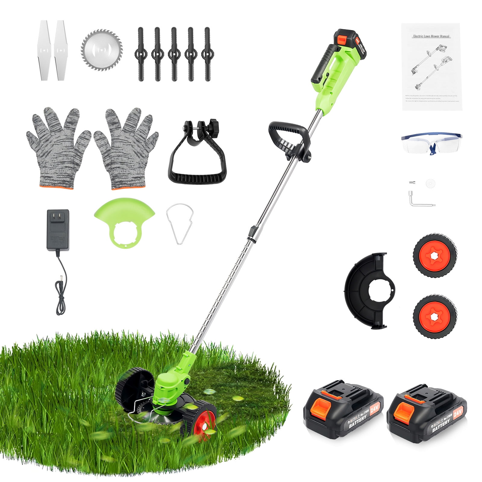 Green 650W Cordless Lawn Mower, Electric Grass Trimmer, Lawn Mower With Auxiliary Wheels for Courtyards, Villas, Lawns