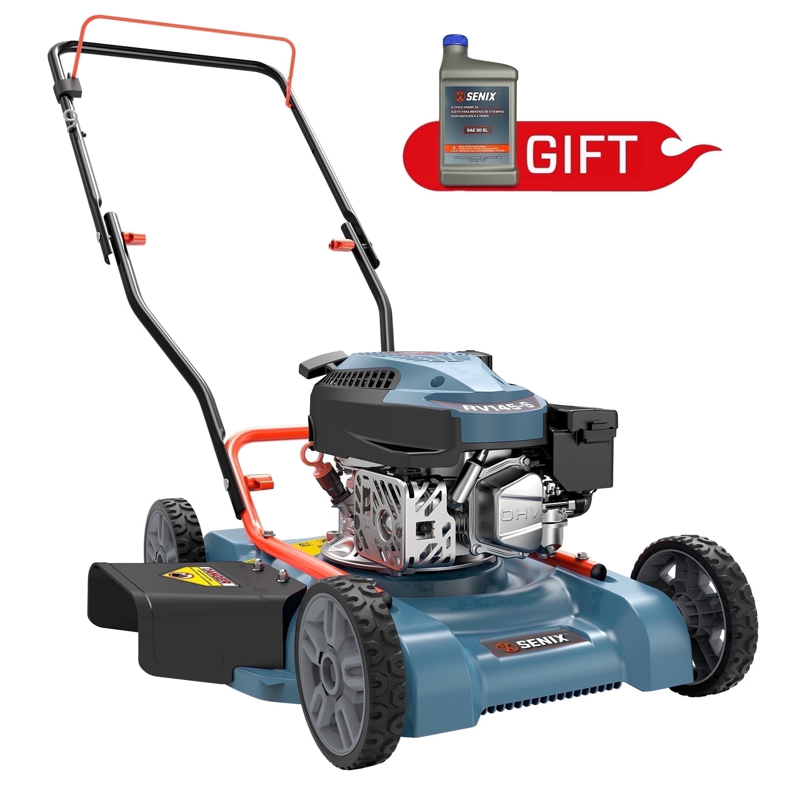 SENIX Gas Lawn Mower, 18in Cutting Blade / 19in Cutting Deck, 144cc 4-Cycle Engine Push Mower with Side Discharge
