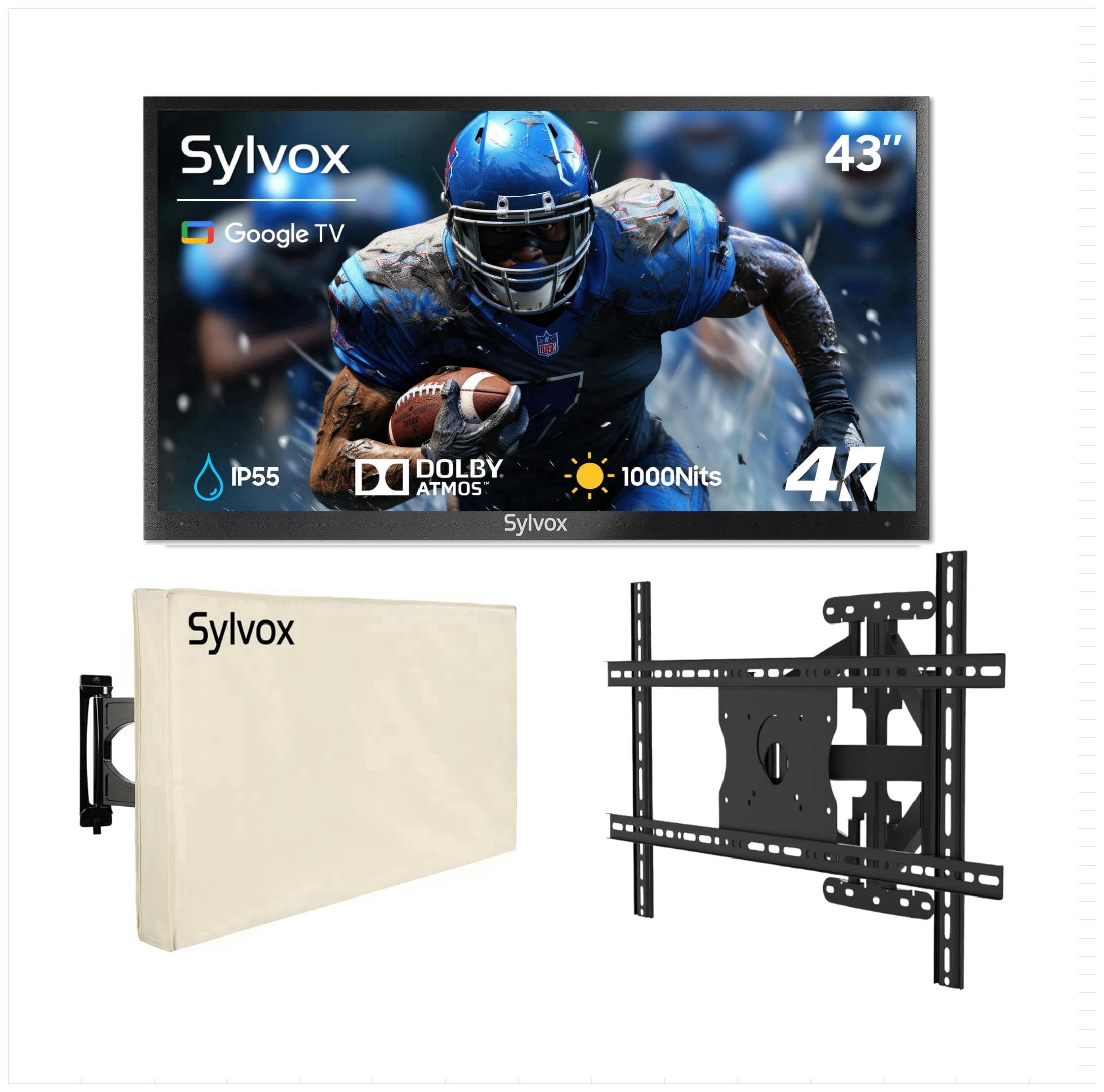 SYLVOX 43" Outdoor TV with Mount and Cover, IP55 Weatherproof TV Partial Sun 1000nit Brightness, 4K UHD, Google OS, Dolby Atmos, Voice Remote (Deck Pro 3.0)