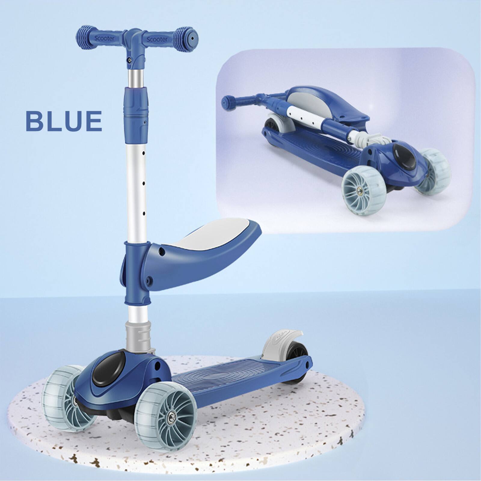 Topteng - 2-in-1 Foldable Kids Scooter with Seat & LED Lights - 3-Wheel, Adjustable Bar, Lean-to-Steer - Blue - Image 3
