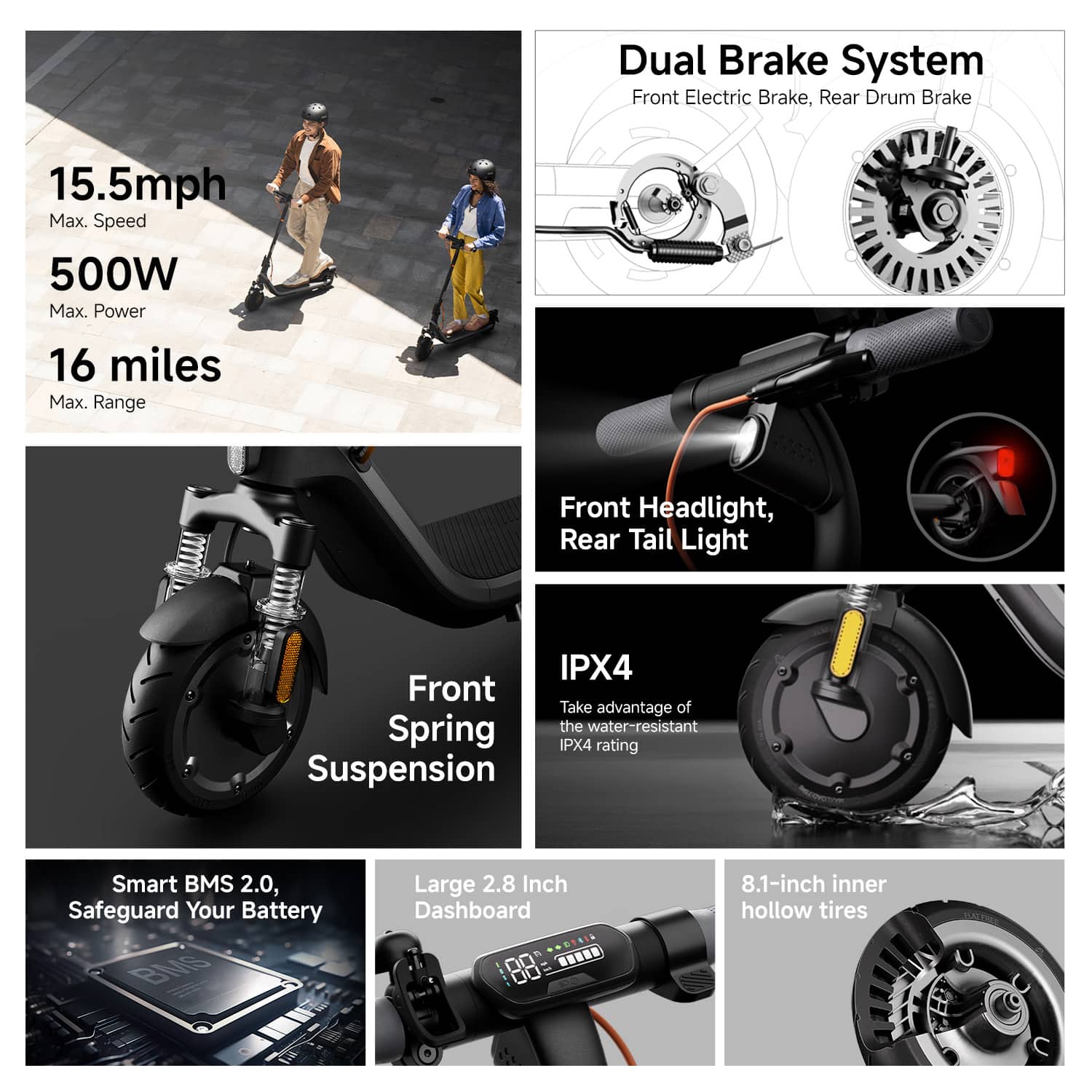 Segway - Ninebot E2 Plus II Electric Scooter, 15 mph Max Speed w/ 16 miles Max Range - Black - Image 2