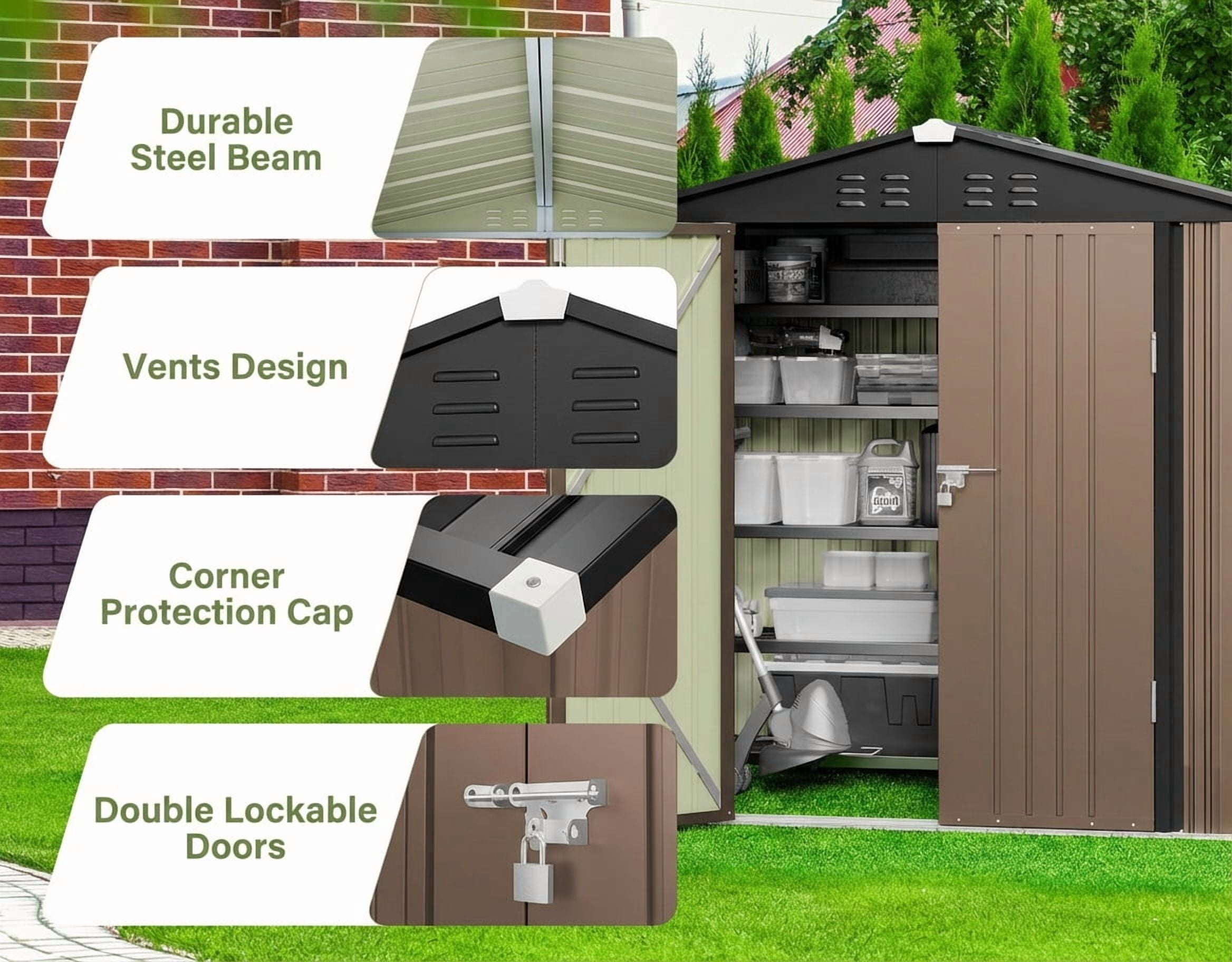 Lockable Lofka 8x6 FT Shed and Outdoor Storage Clearance - All-Weather Resistant Metal Shed, Brown - Image 3