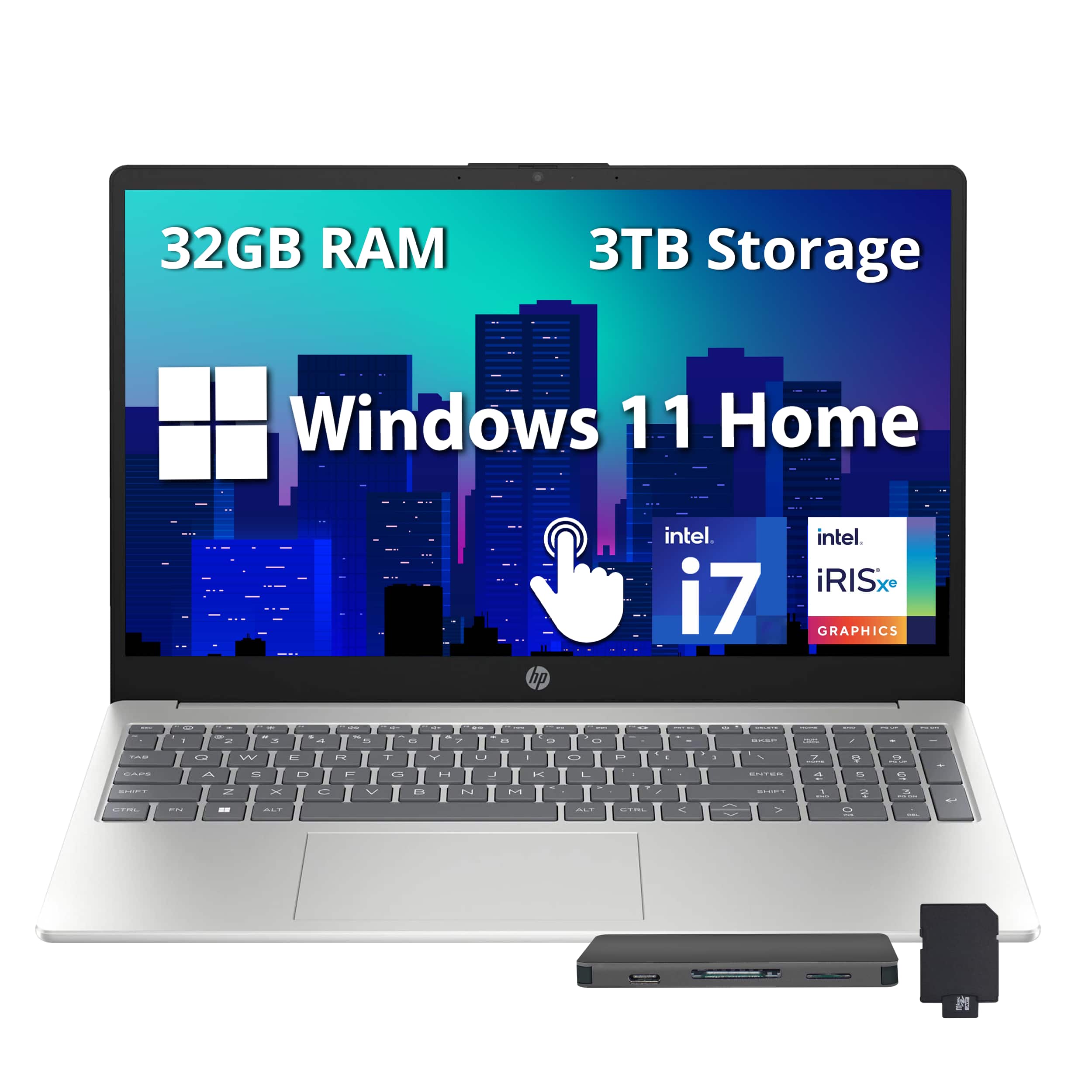 HP - 15.6'' FHD IPS Touchscreen Laptop,Intel i7-1255U,32GB DDR4 RAM,2TB SSD+1TB Docking Station Set,Win 11 Home - Silver