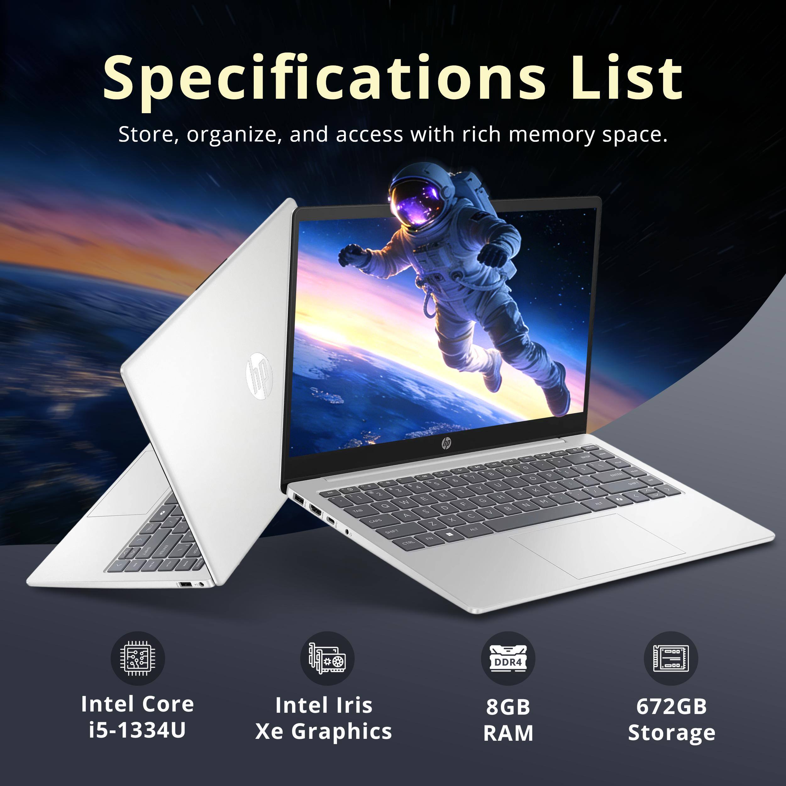 HP - 14" FHD Laptop,Intel Core i5-1334U,8GB RAM,512GB SSD+160GB Dock Set,Intel Iris Xe Graphics,Copilot,Win 11 - Silver - Image 3