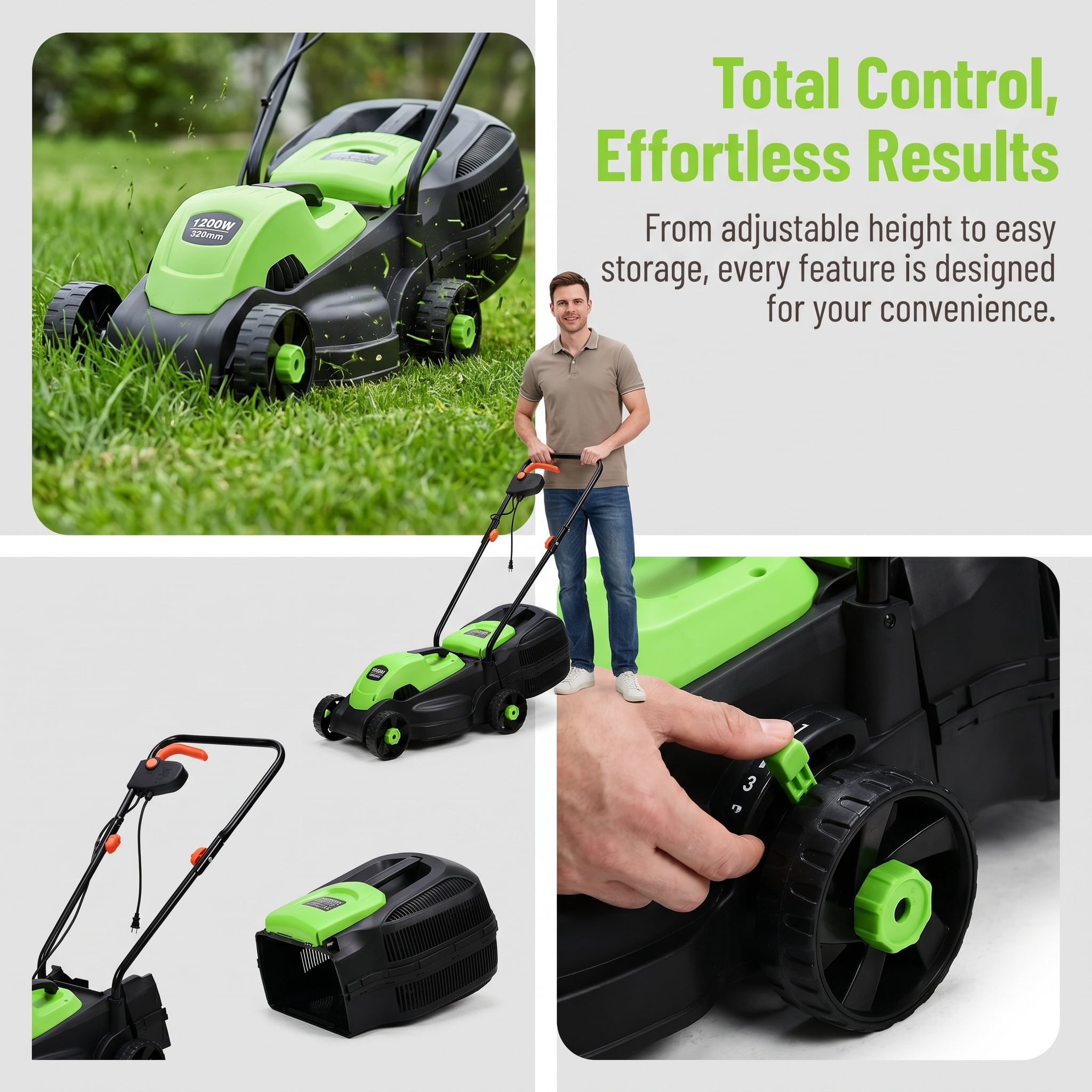 Kadyn 14 Inch 12 Amp Electric Push Corded Lawn Mower with 30L Grass Bag, 3 Adjustable Cutting Heights, Foldable Handle, One-Touch Start, Green - Image 3
